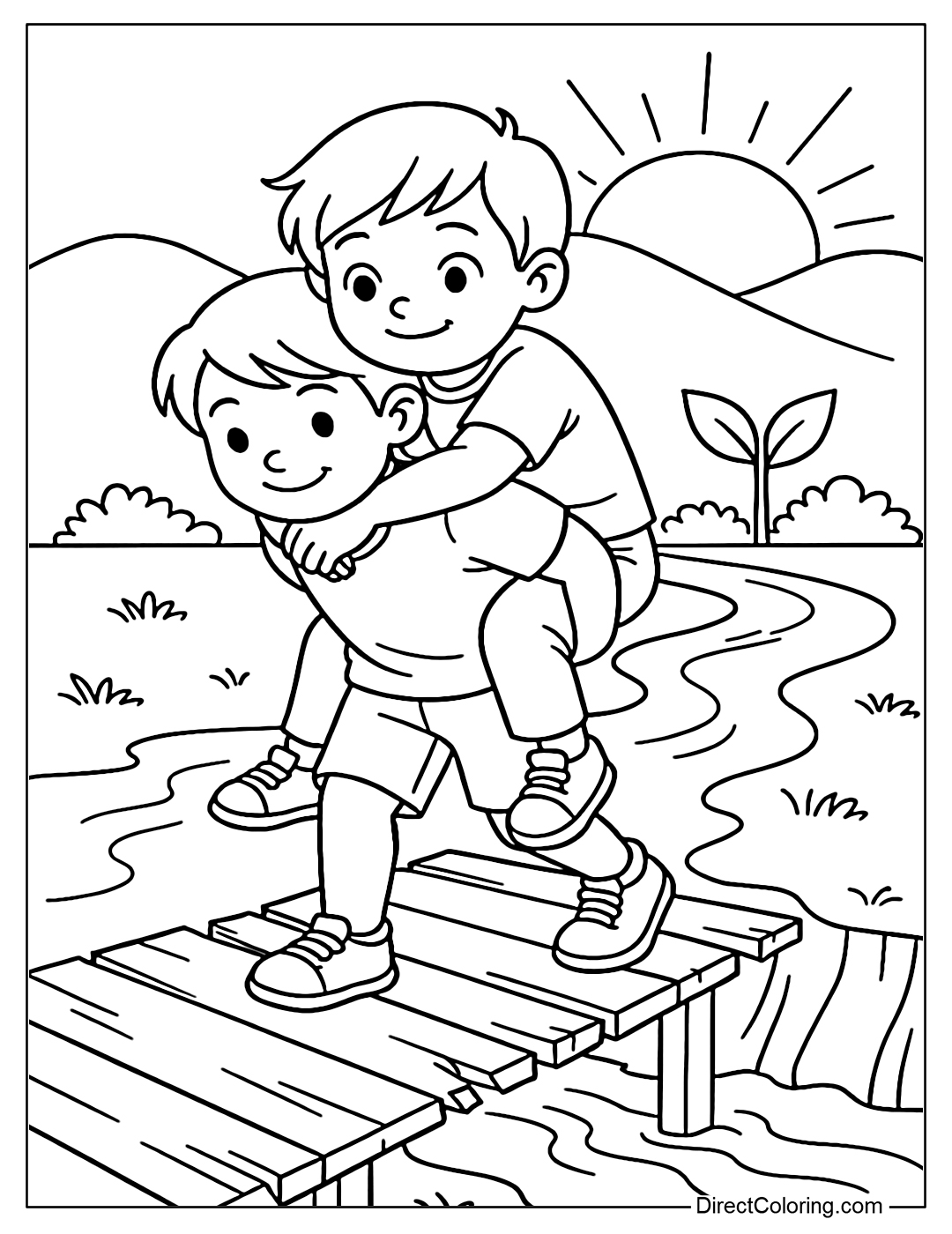 A coloring page of a child carrying a friend across a bridge, with sunlight in the distance.